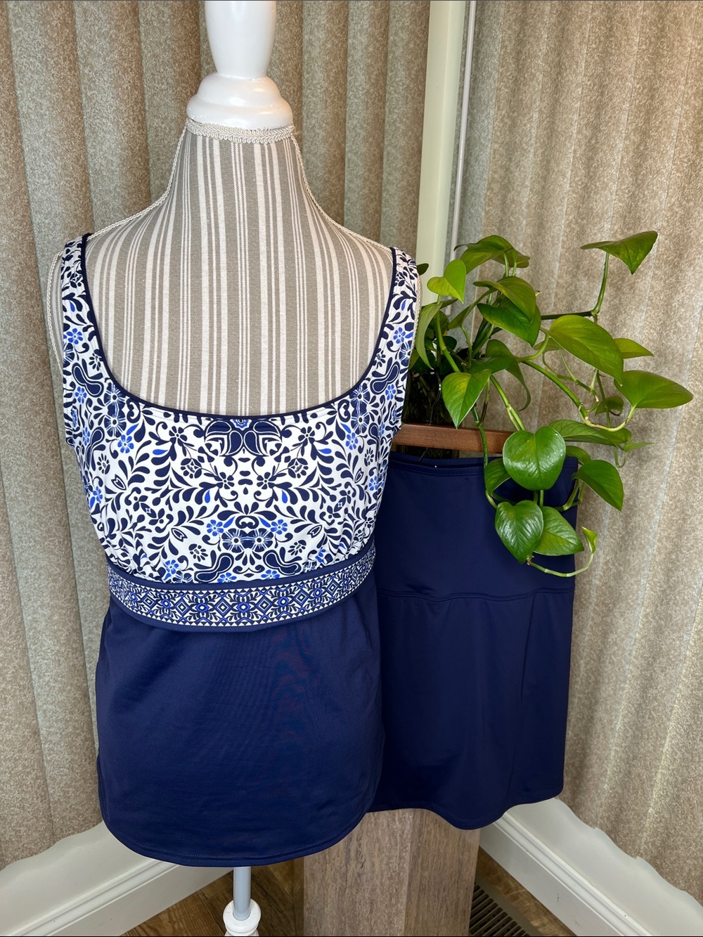 Lands' End Navy Blue Swim Suit Separate Top & Skirt S-16